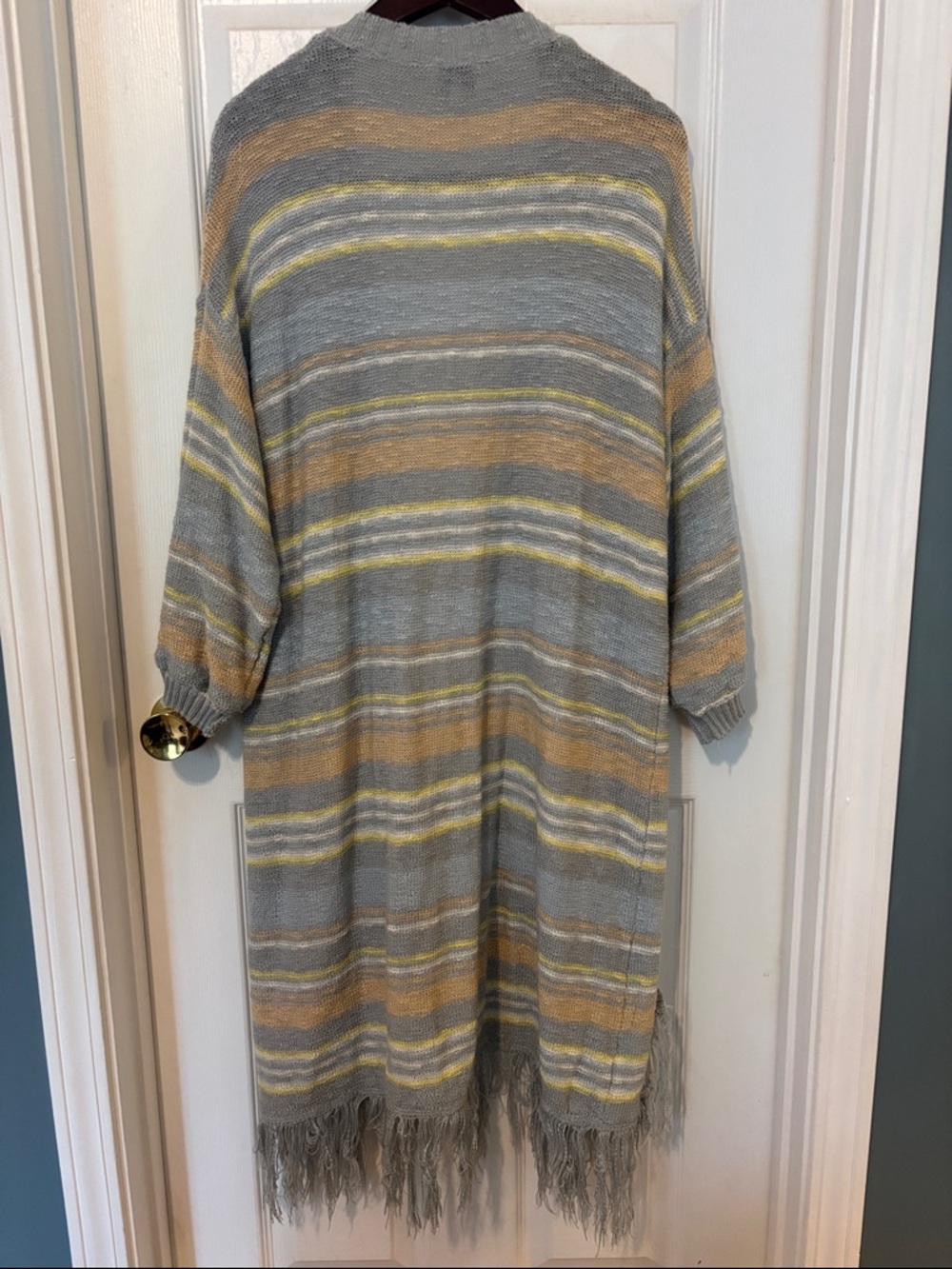 Light Gray & Yellow Striped Long Open Cardigan with Fringe.SizeXXL great w/jeans - Picture 7 of 7